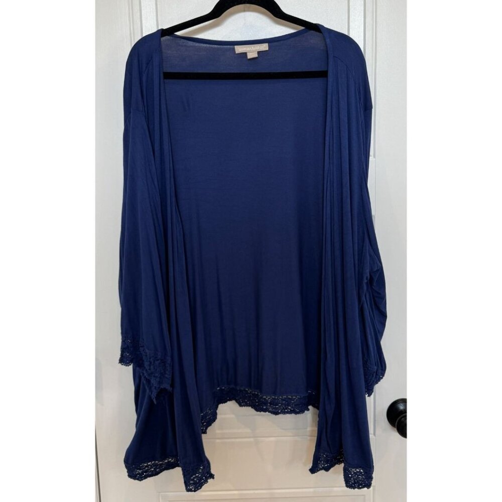 Woman Within Blue Lightweight Cardigan Crochet Lace Hem & Cuff 26/28 Casual EUC